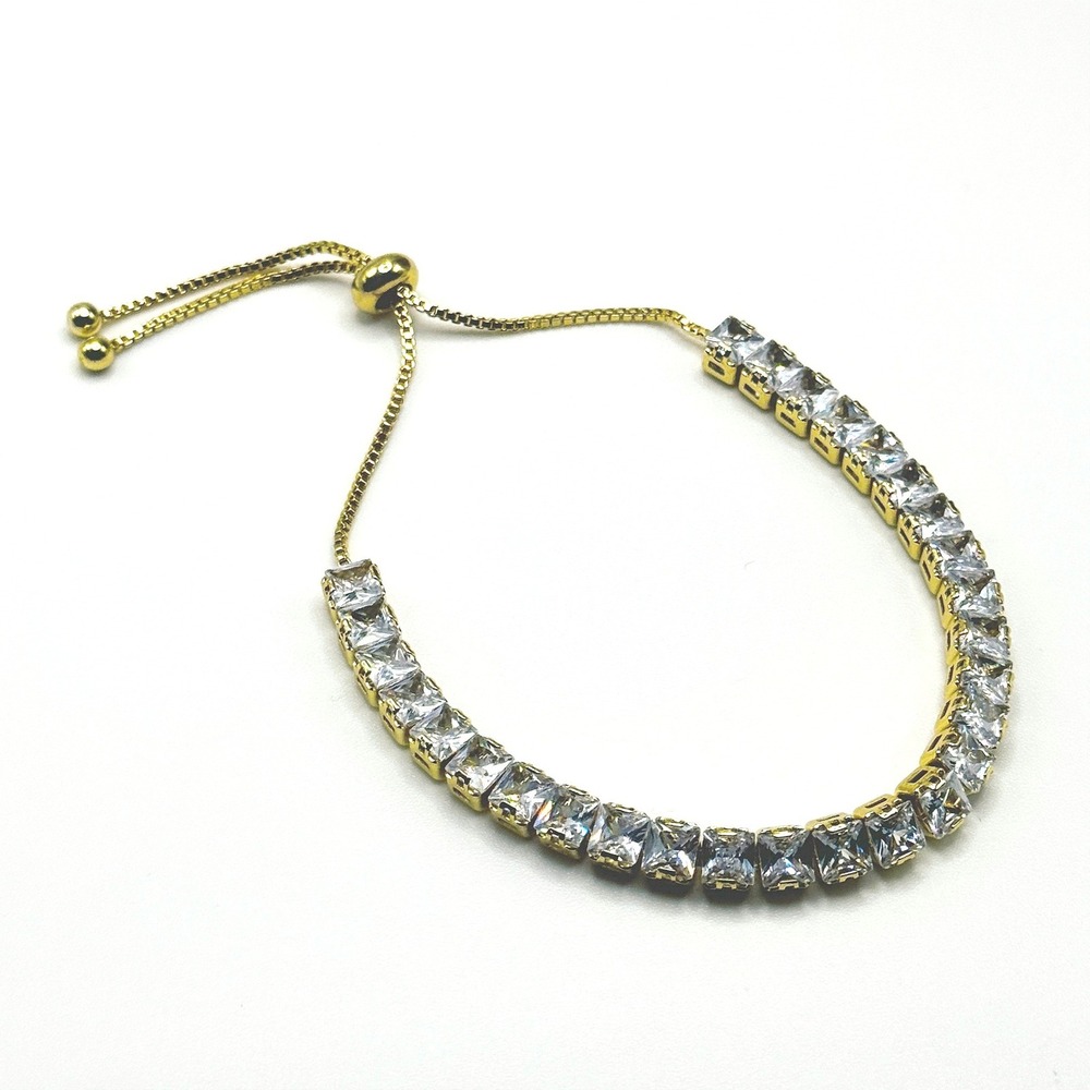 Gold Overlay Tennis Bracelet Made with Swarovski Crystals Adjustable Bolo Slider